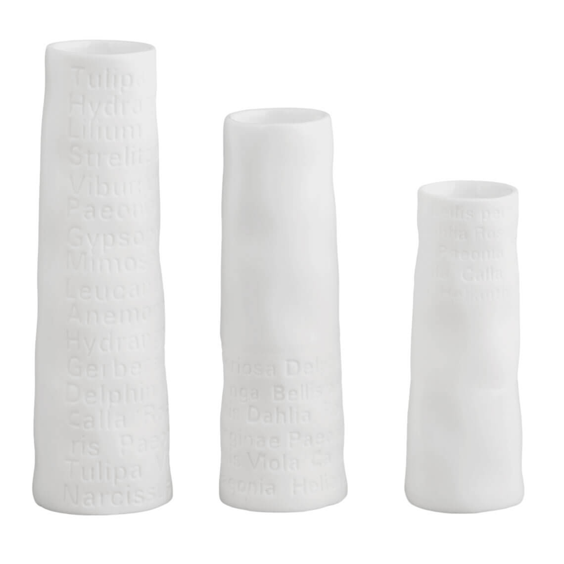 Set of 3 Mini Poetry Vases are handmade from embossed porcelain.  These little vases are pure and elegant,  glazed inside and unglazed outside.   Therefore they will hold water and blooms. Each vase is stamped with the names of flowers.  Three sizes in the set: 95mm high ∙ 80mm high ∙ 65mm high. Diameter 25 – 30mm  Gift Boxed set of 3.