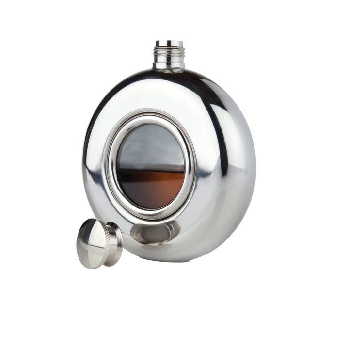 The Viski Scope Hip Flask features a glass porthole window allowing you to keep an eye on your liquor level so you will always know when you need to refill. Made from stainless steel and holds 5 oz. Stainless Steel.