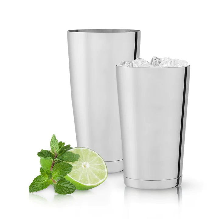 The Viski Shaker tins are precisely weighted so you can be assured of perfect balance. The stainless steel tins are tight fitting and contoured for quick closure and smooth separation. Set includes 2 tins with a capacity of 24 oz and 18 oz  Dishwasher Safe