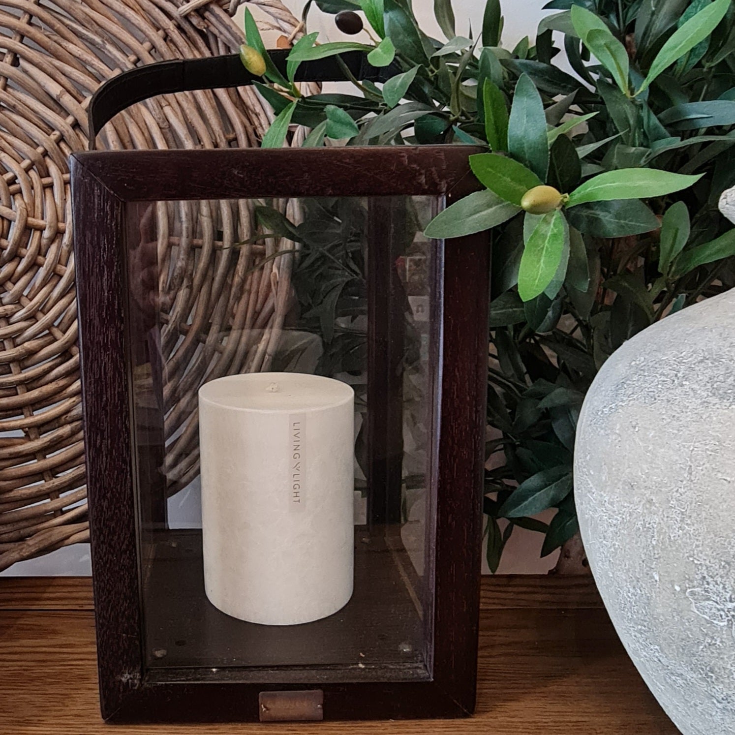 Artwood wooden glass lantern with leather handle from Cerise NZ
