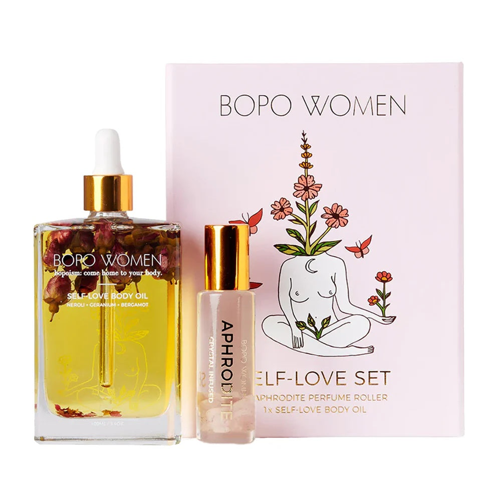 Bopo Women Self Love Gift set with a Aphrodite perfume oil roller and self love body oil in glass bottle with dropper for easy application.
