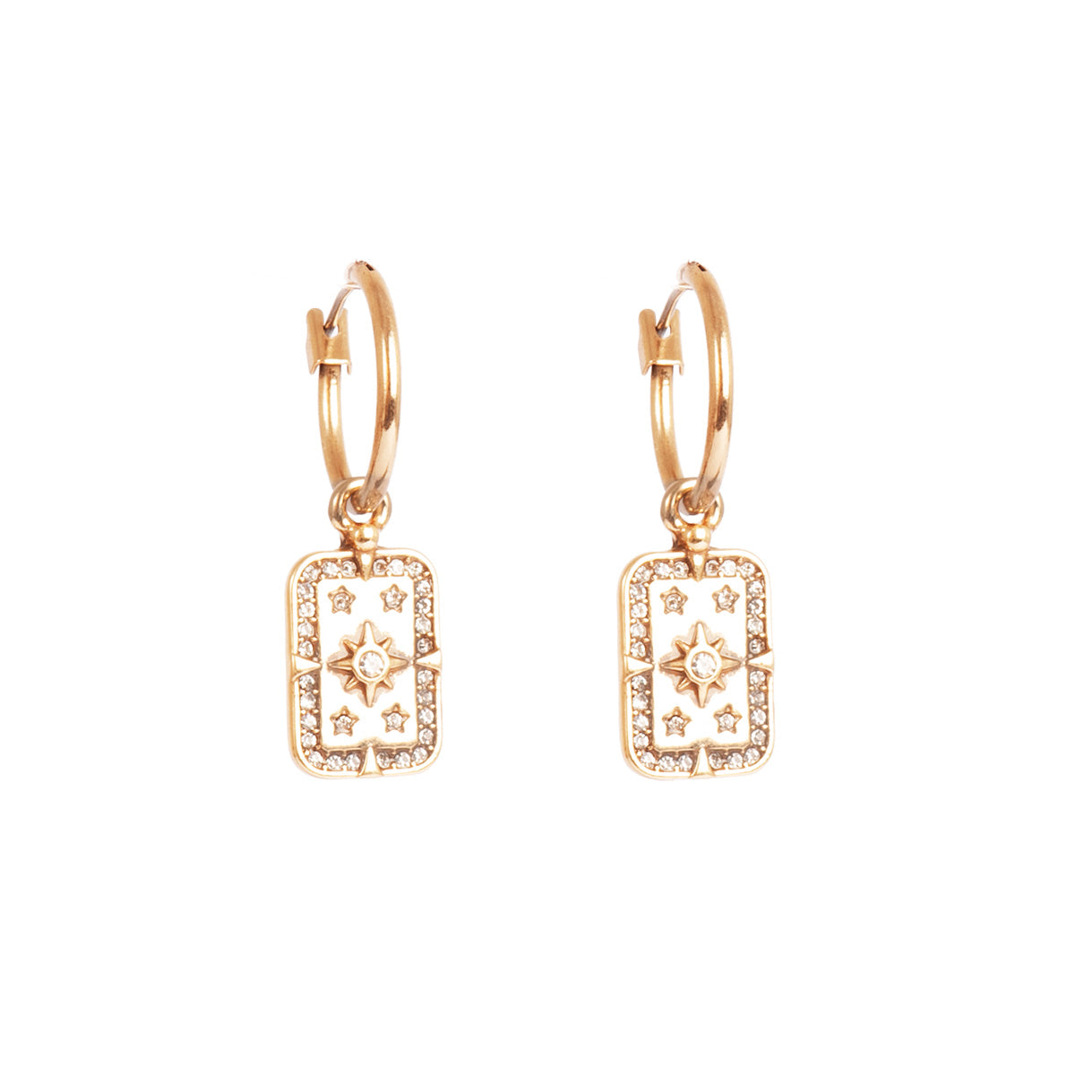 Gold hoop earrings with star designs on a white background