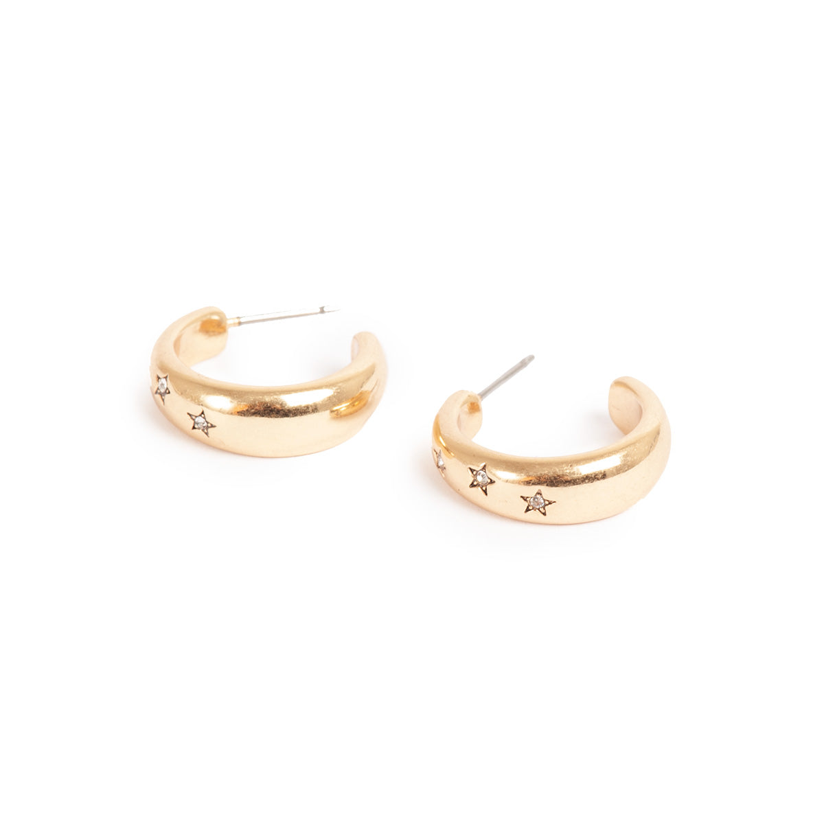 Gold hoop earrings with star details on a white background