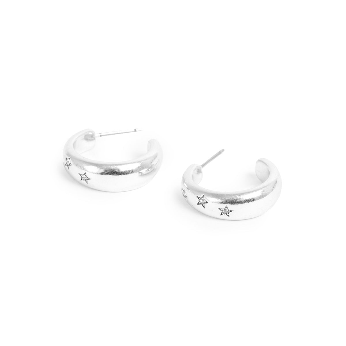 Silver hoop earrings with star designs on a white background