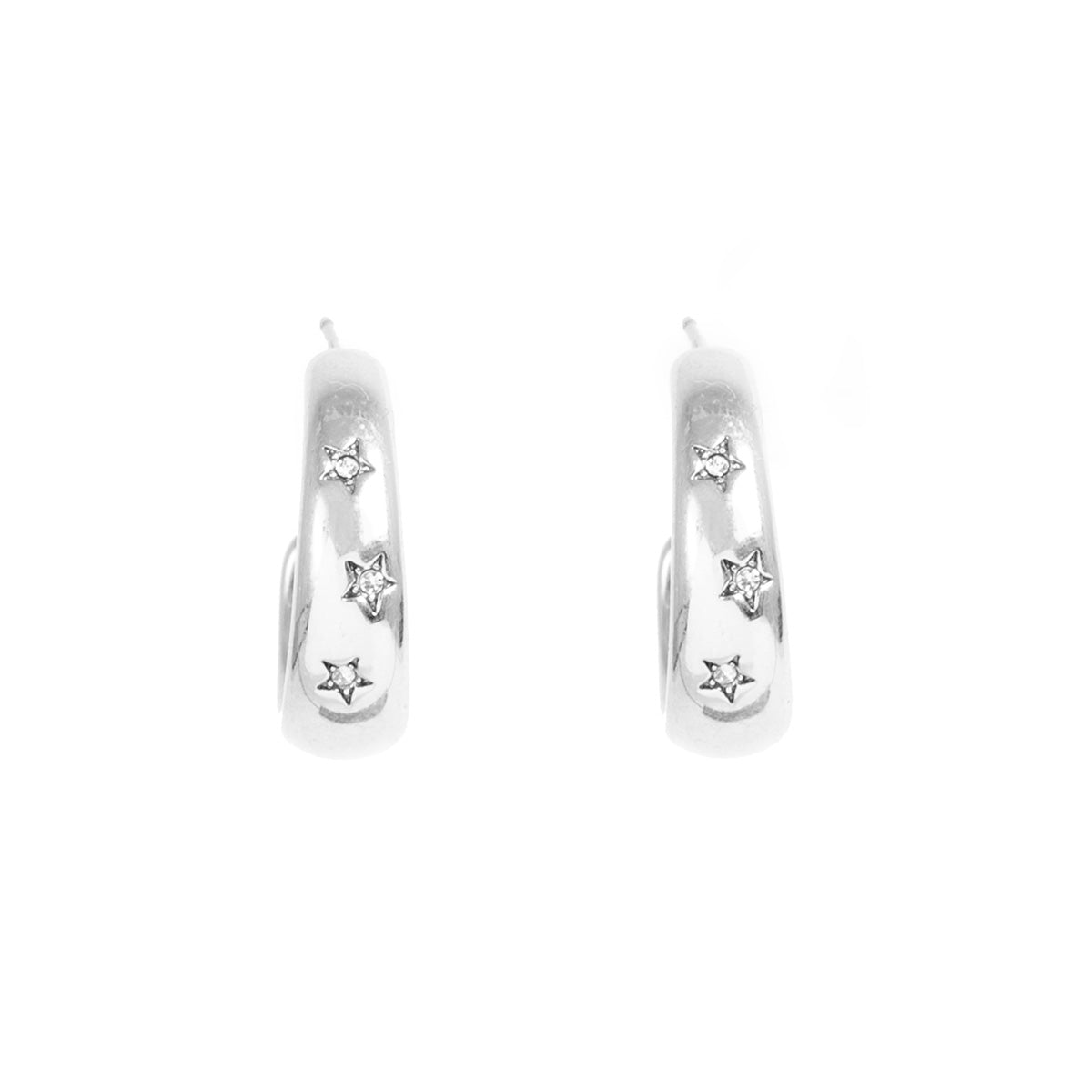 Pair of silver hoop earrings with star-shaped stones on a white background