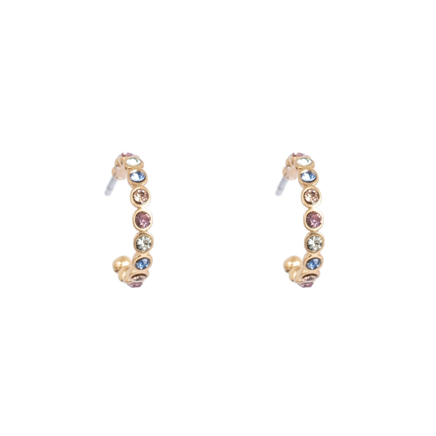 Pair of gold hoop earrings with colorful gemstones on a white background