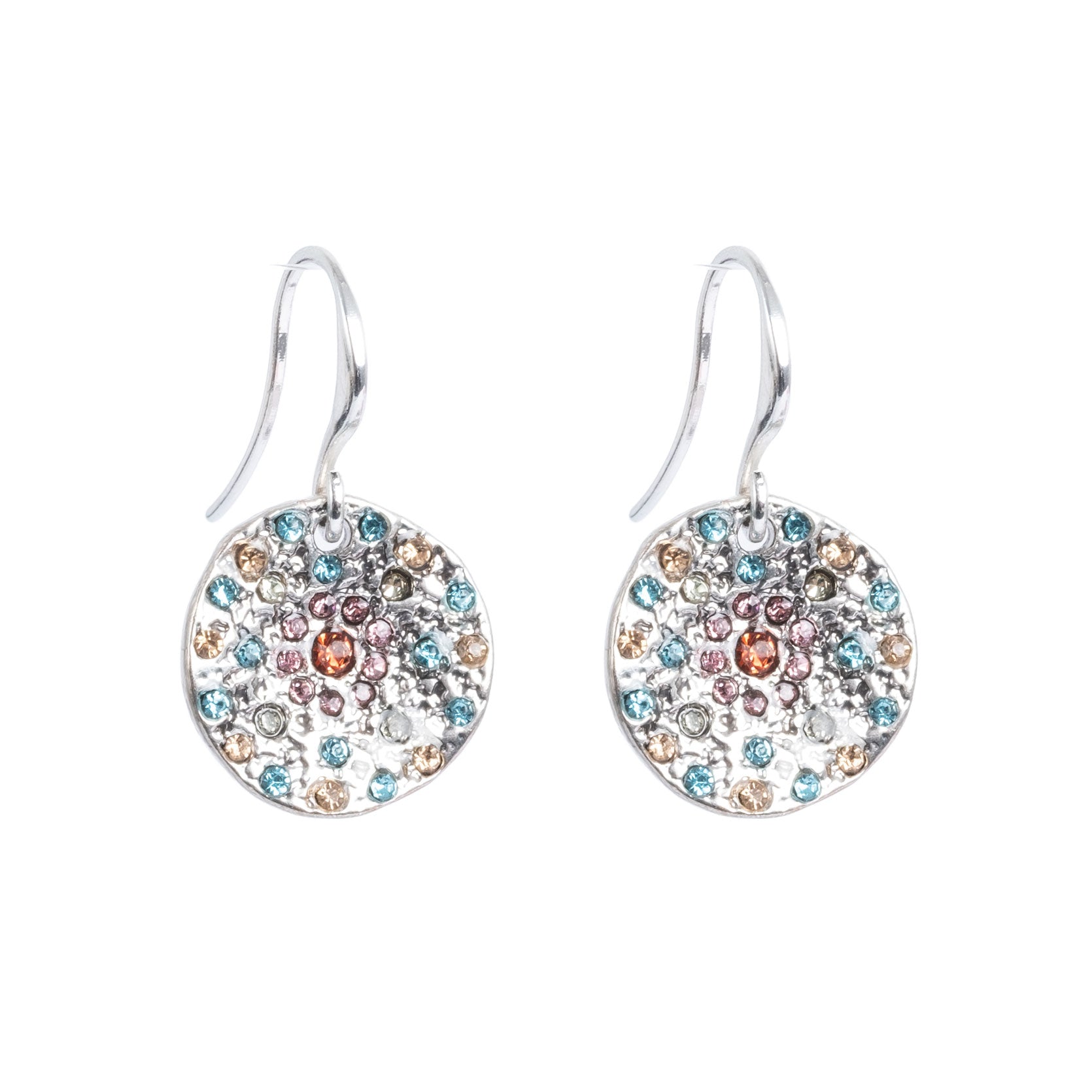Silver earrings with multicolored crystals on a white background
