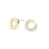 Gold hoop earrings with clear crystals on a white background