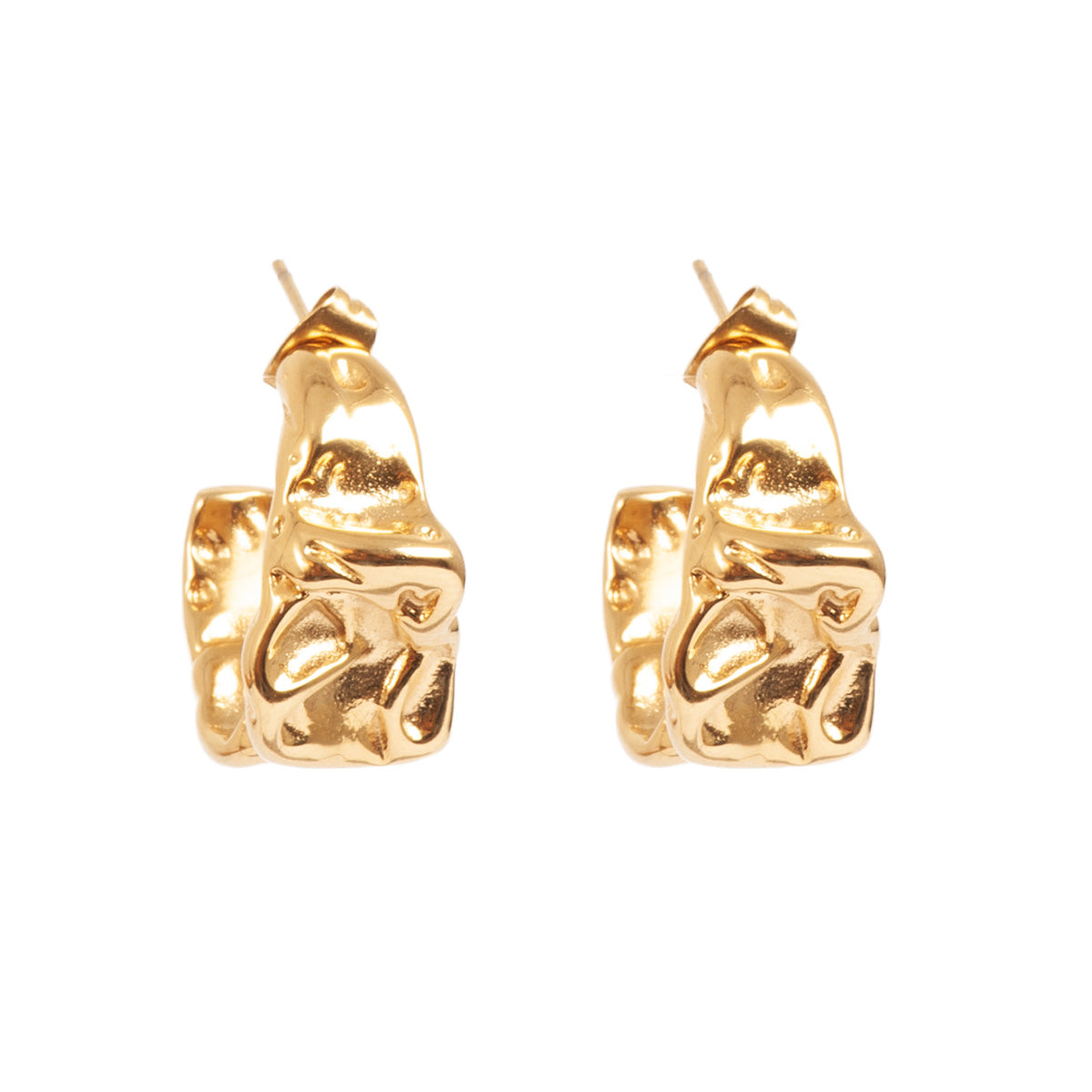 Gold chunky crinkle look hoop earrings on a white background