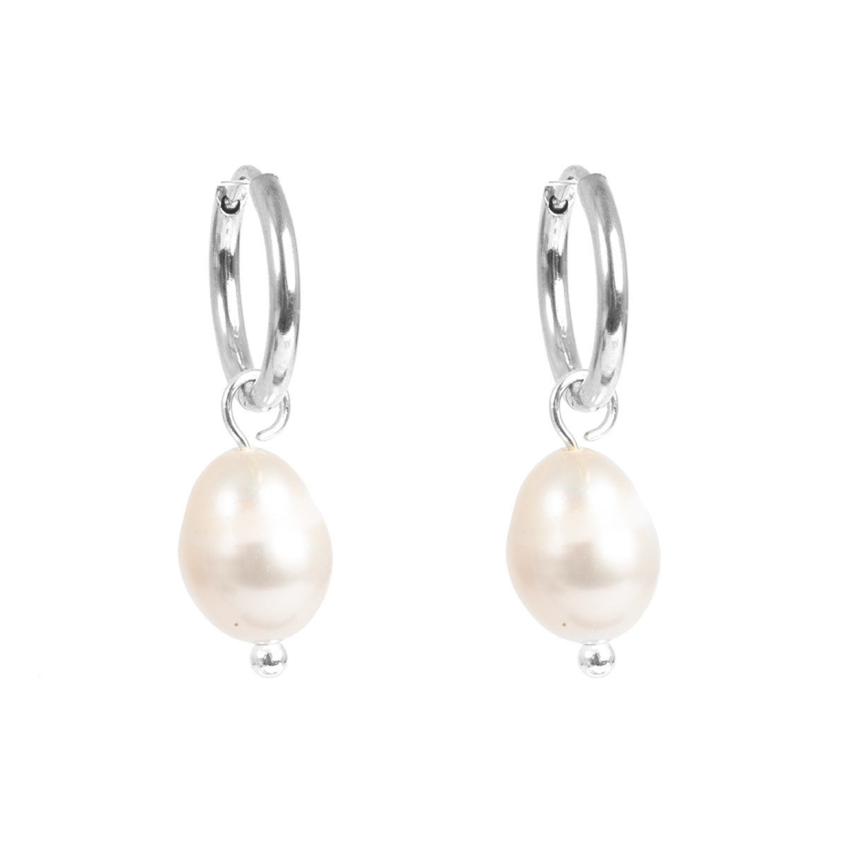 Pair of pearl hoop earrings on a white background