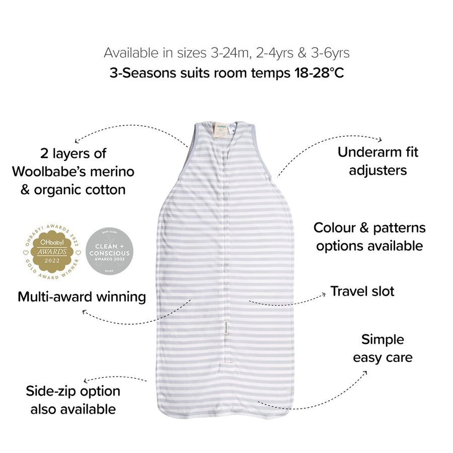Sleeping Bag |Woolbabe 3-Seasons Front Zip  | 3-24 Months