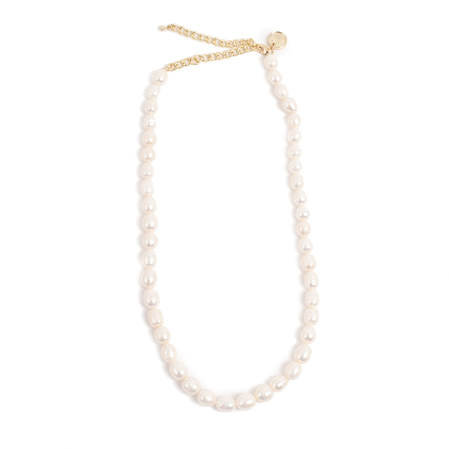 Pearl necklace with gold clasp on a white background