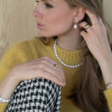 Woman wearing a yellow sweater, pearl necklace, and gold jewelry against a neutral background