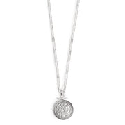 Silver pendant disc with script and crystals