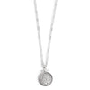 Silver pendant disc with script and crystals