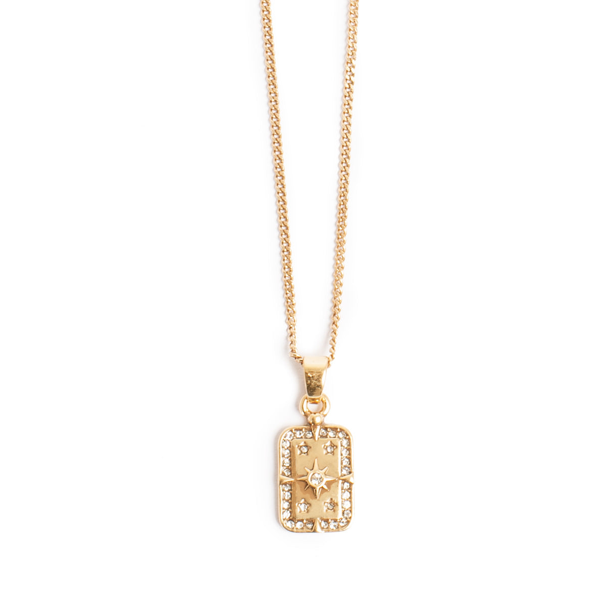 Gold necklace with a rectangular pendant on a white background