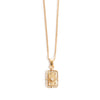 Gold necklace with a rectangular pendant on a white background