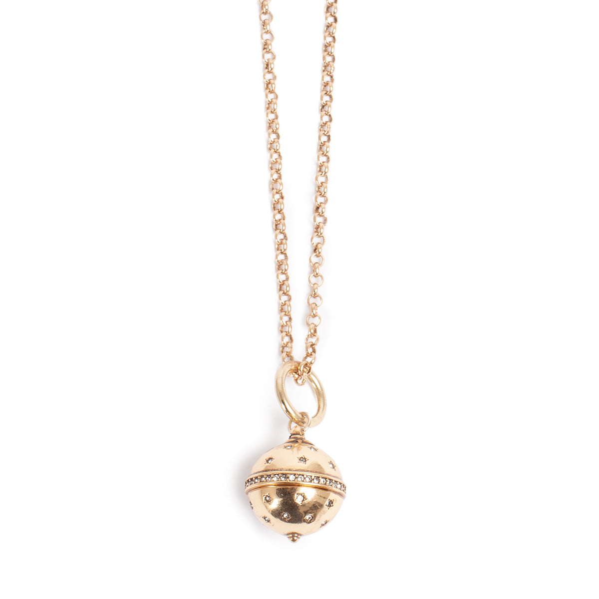 Gold necklace with a spherical pendant on a white background
