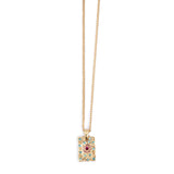 Gold necklace with a rectangular pendant featuring colorful crystals on a white background