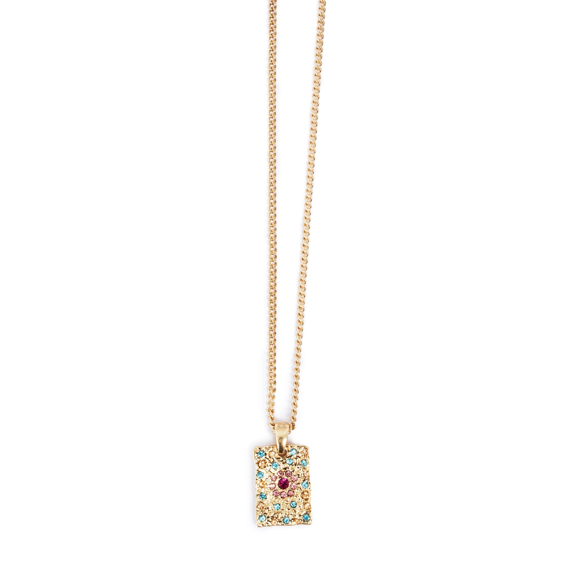 Gold necklace with a rectangular pendant featuring colorful crystals on a white background