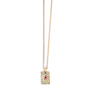 Gold necklace with a rectangular pendant featuring colorful crystals on a white background
