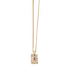 Gold necklace with a rectangular pendant featuring colorful crystals on a white background
