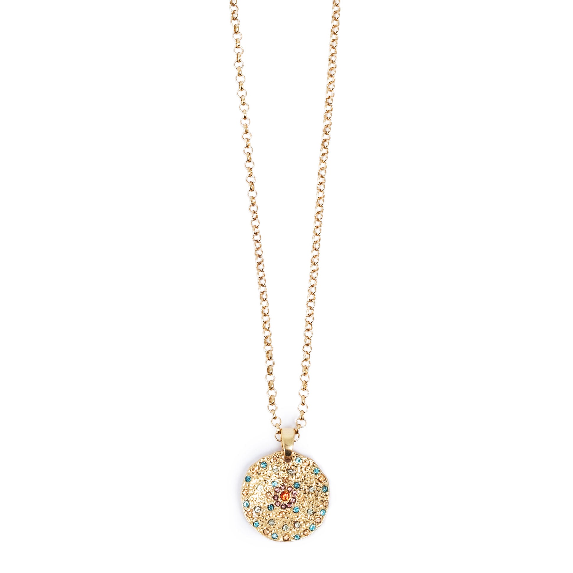 Gold necklace with a round pendant featuring coloured crysals on a white background