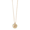 Gold necklace with a round pendant featuring coloured crysals on a white background