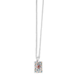 Necklace with a silver square pendant featuring colorful crystals on a white background