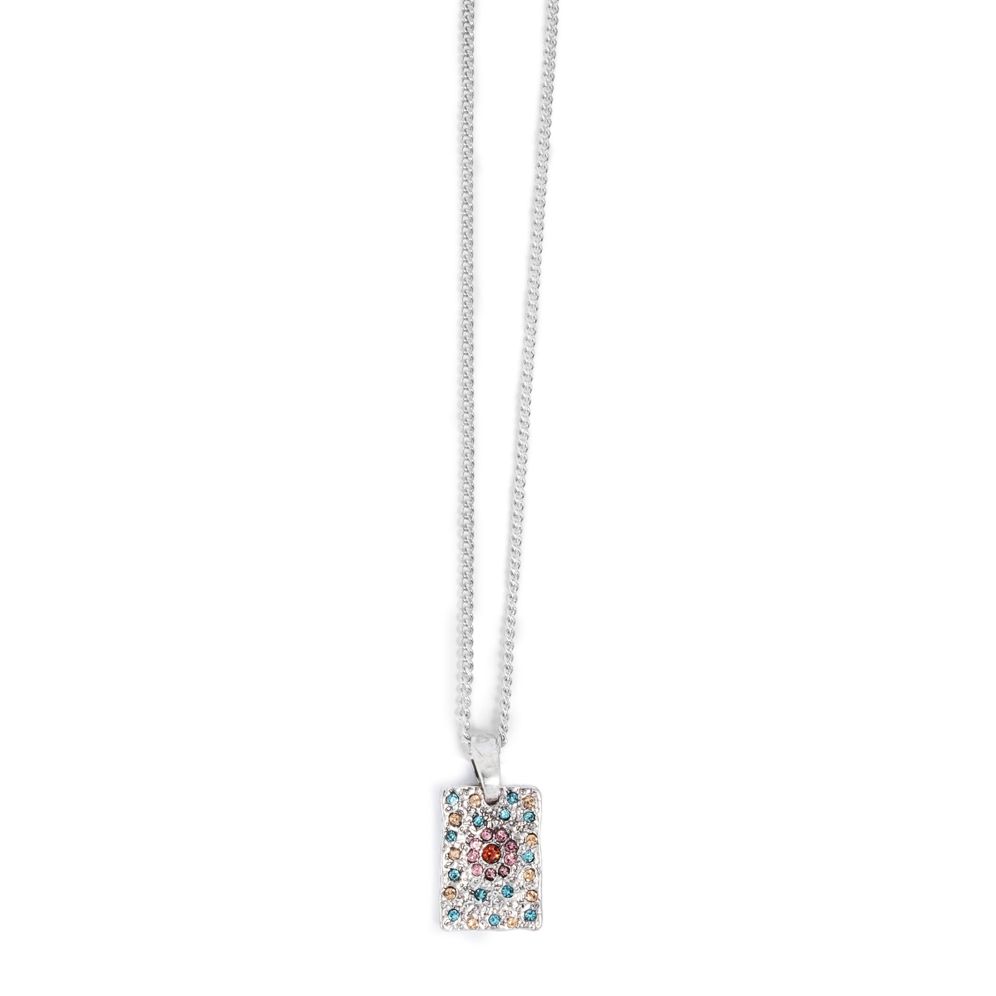 Necklace with a silver square pendant featuring colorful crystals on a white background