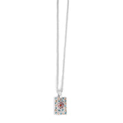 Necklace with a silver square pendant featuring colorful crystals on a white background