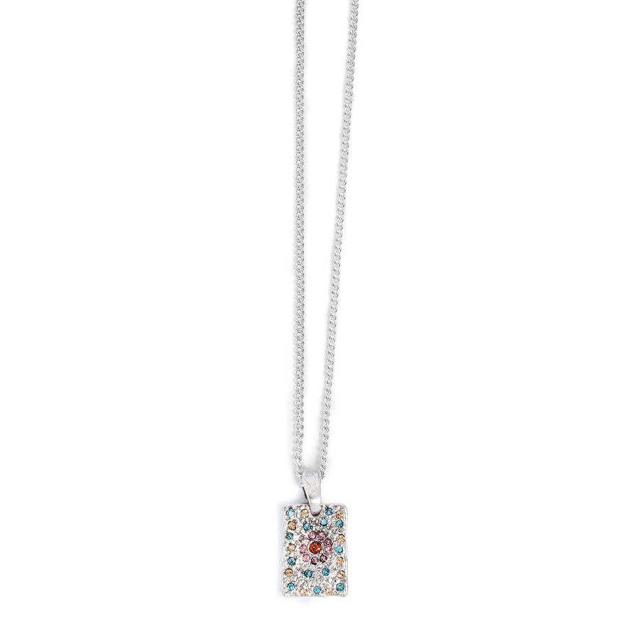 Necklace with a silver square pendant featuring colorful crystals on a white background