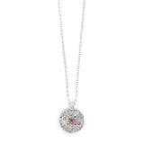 Necklace with a round pendant featuring colorful  crystals on a white background