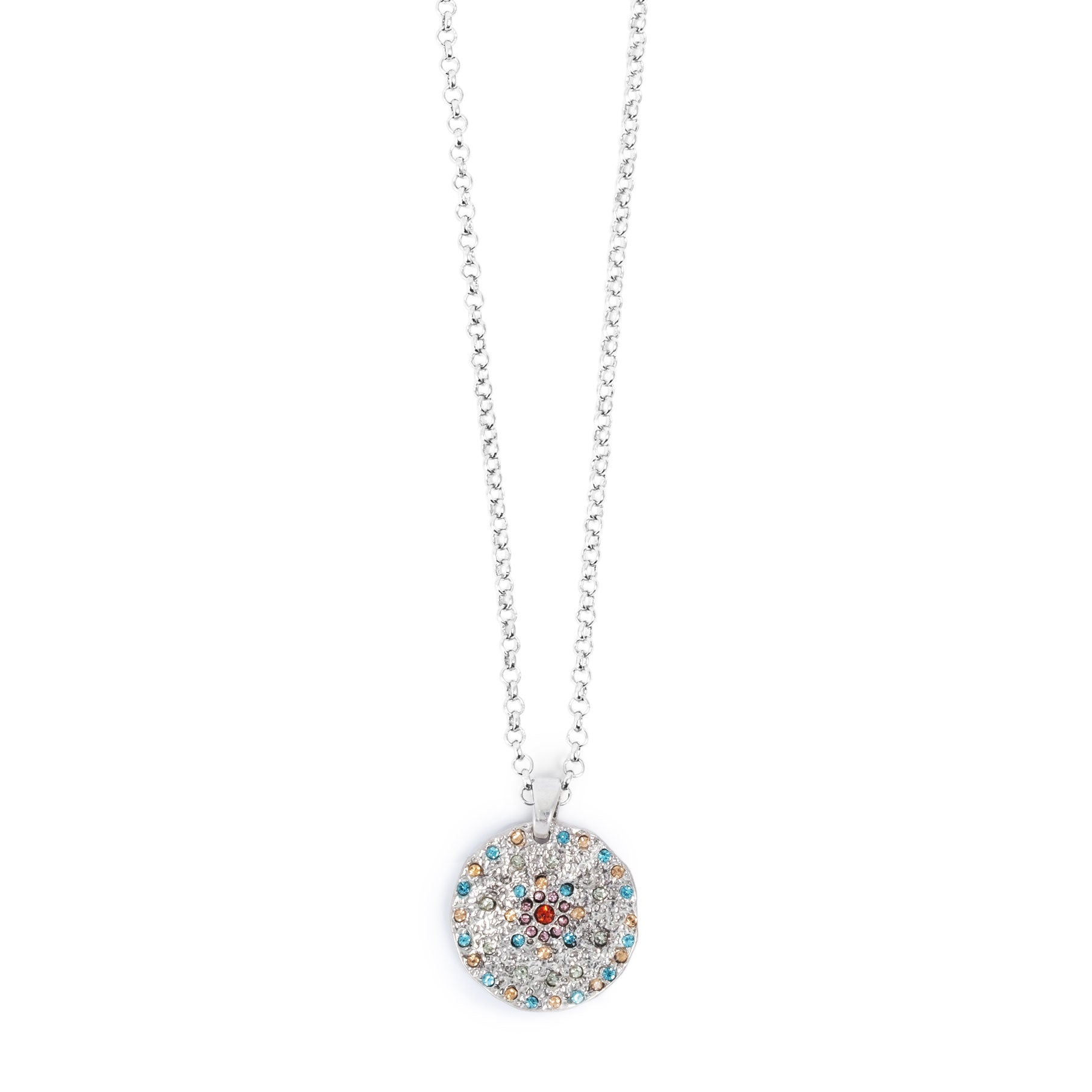 Necklace with a round pendant featuring colorful  crystals on a white background