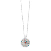 Necklace with a round pendant featuring colorful  crystals on a white background