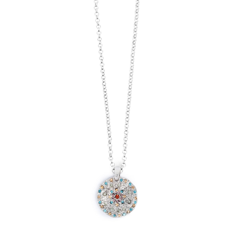 Necklace with a round pendant featuring colorful  crystals on a white background