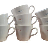 KBJ Word mugs in white ceramic with coloured words