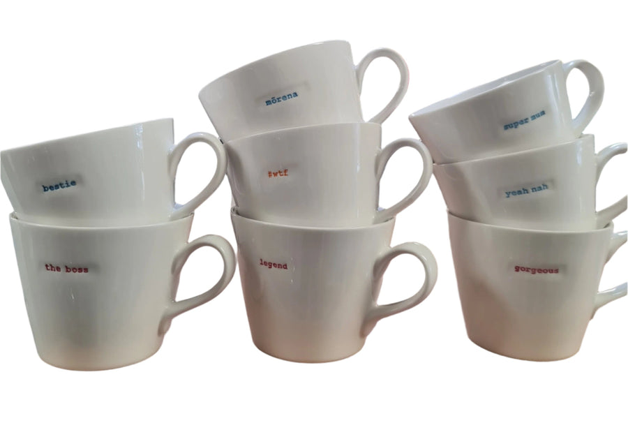 KBJ Word mugs in white ceramic with coloured words