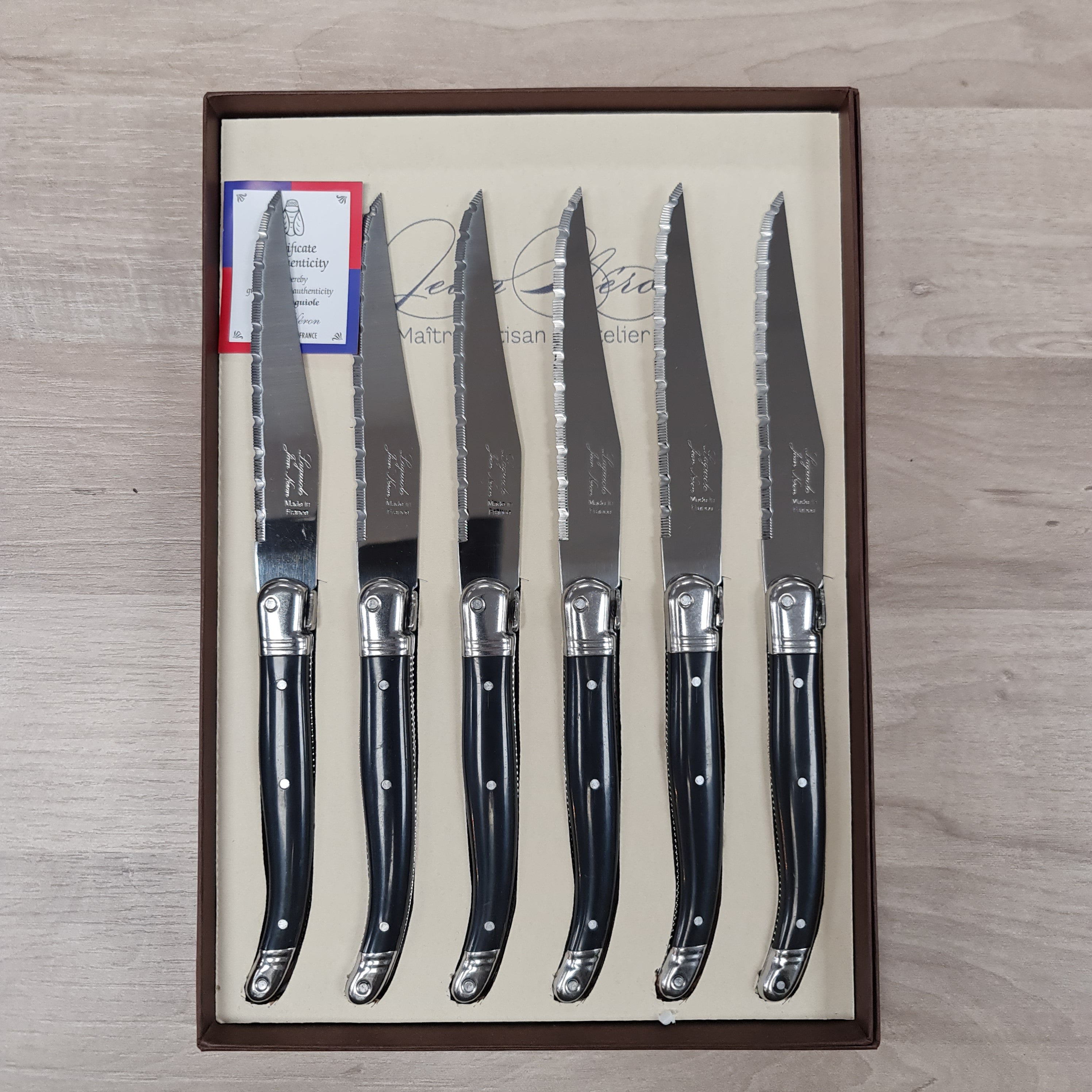 set of 6 black handles steak knives with bee