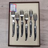 Black handled laguiole desert cake forks with bee icon in a gift set of 6