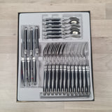 Set of laguiole cutlery including knives, forks,spoons and coffee spoons with black handles and bee icon