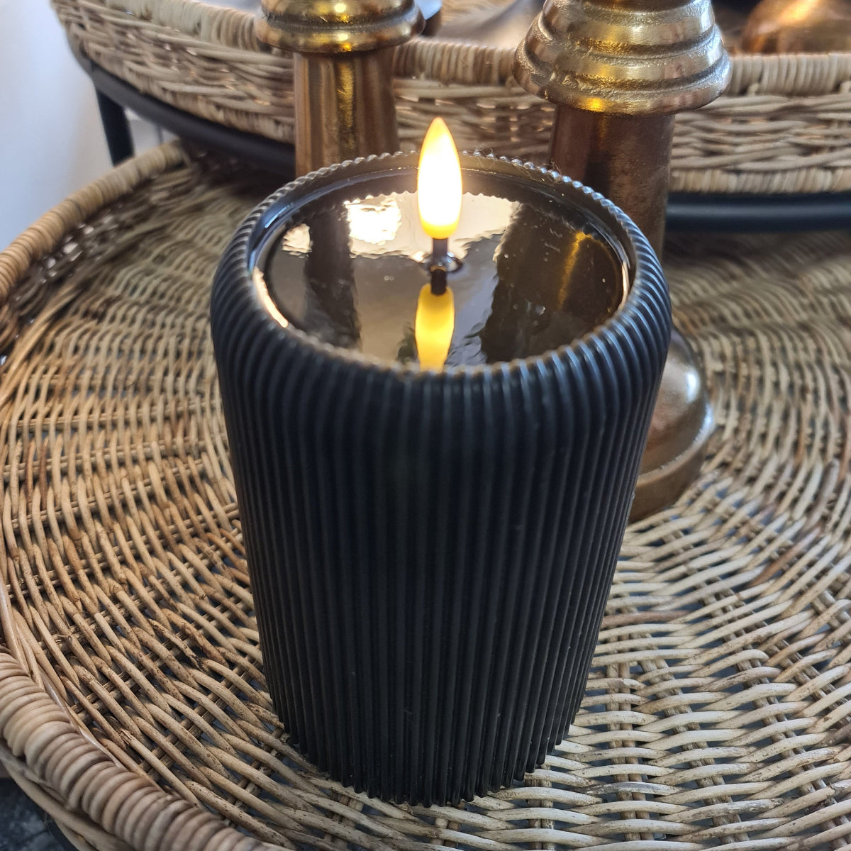 Black Ribbed Wax Candle with LED flame