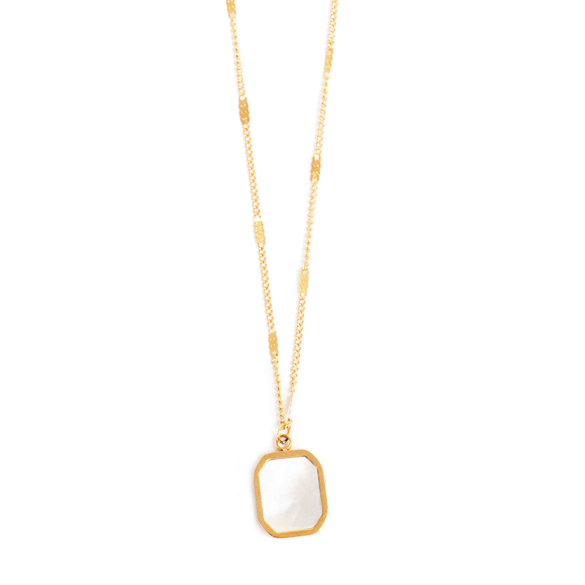 Gold necklace with a rectangular mother of pearl pendant on a white background