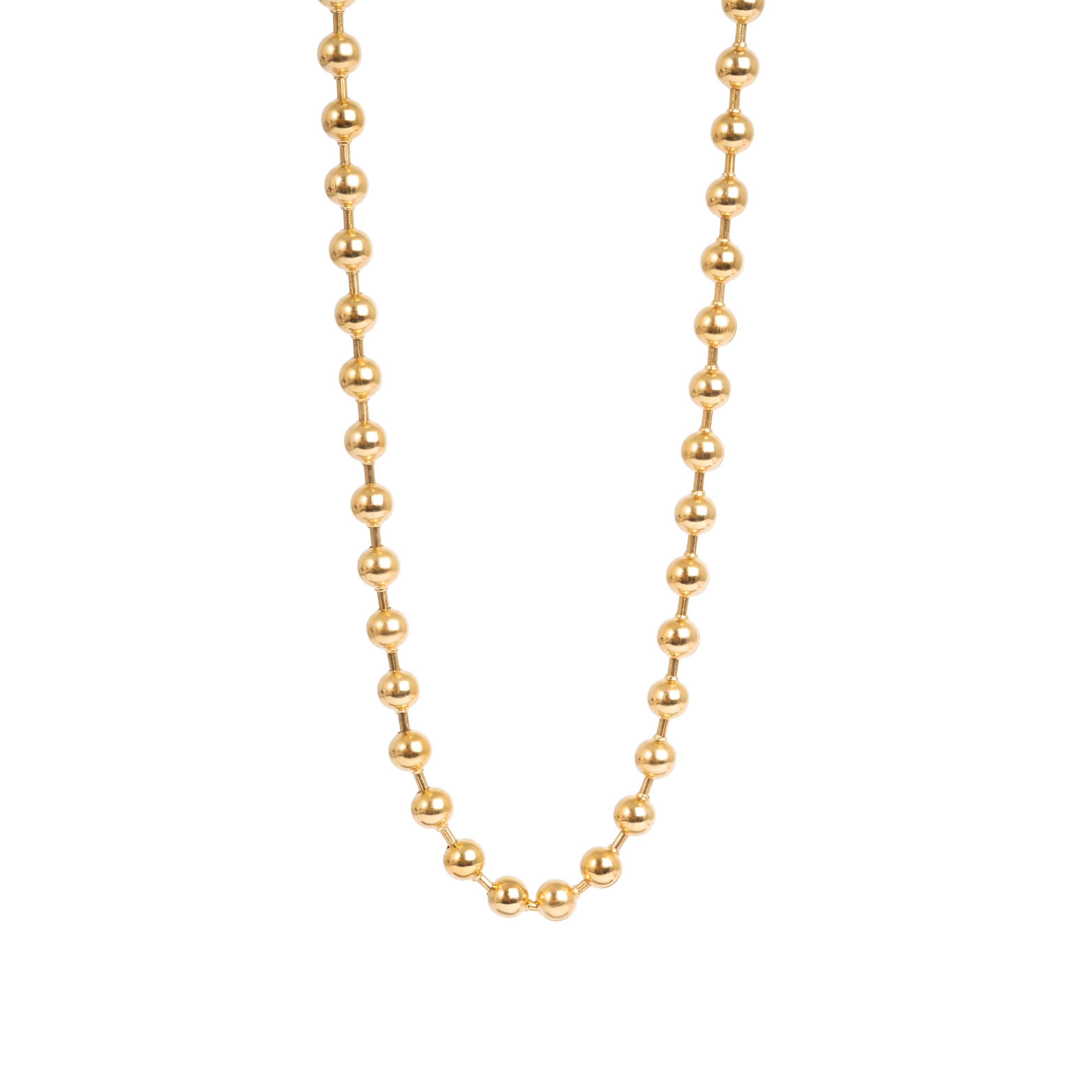 Gold bead necklace on a white background
