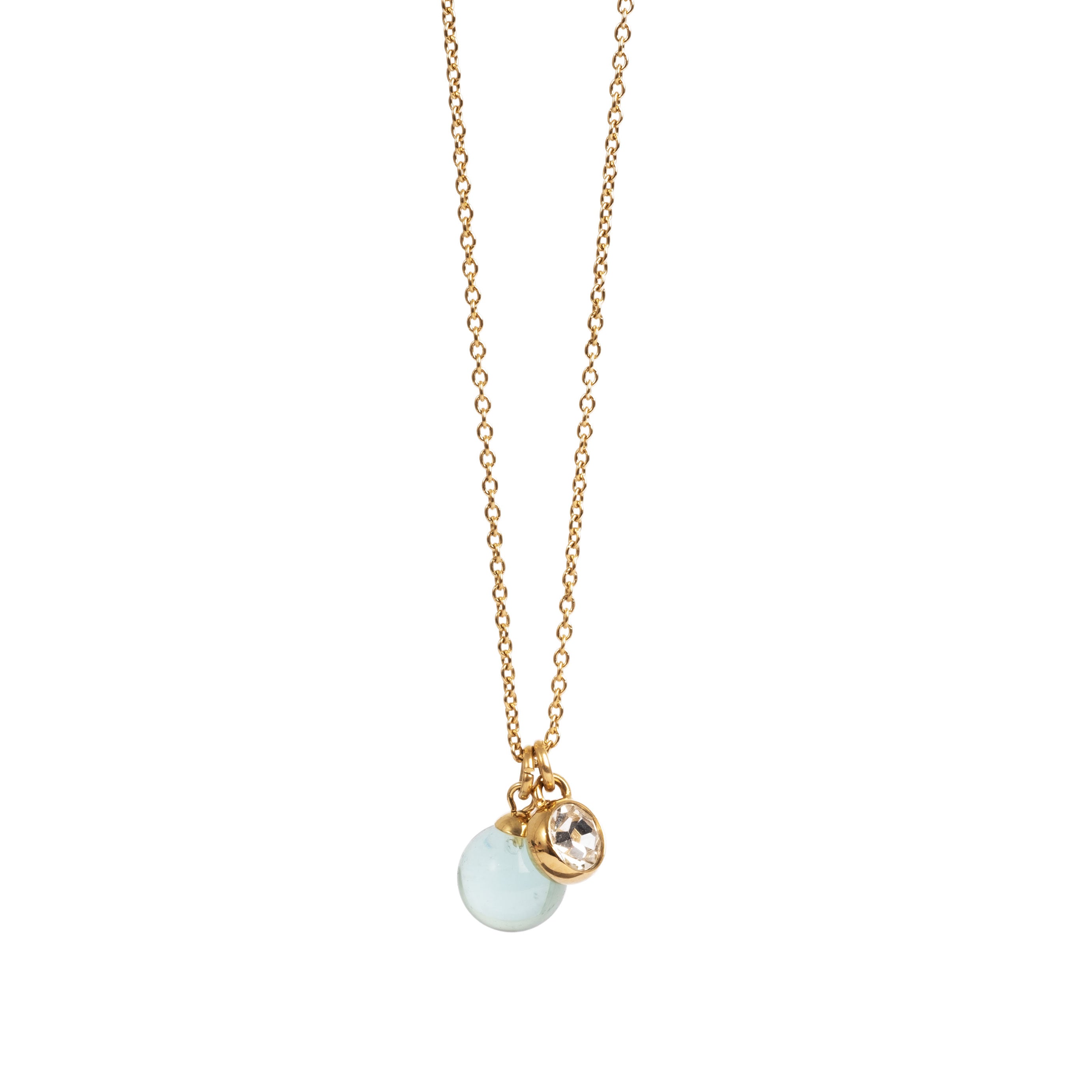 Gold necklace with a blue glass  and crystal pendant