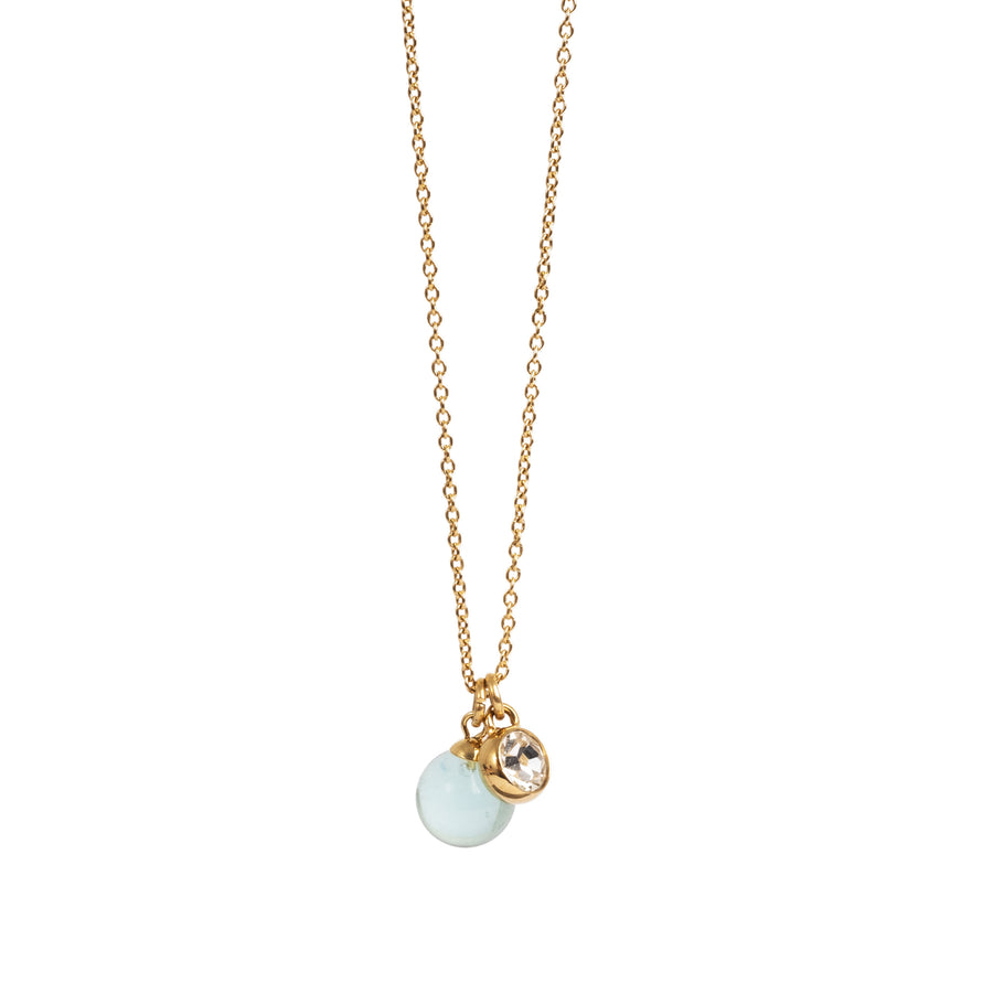 Gold necklace with a blue glass  and crystal pendant