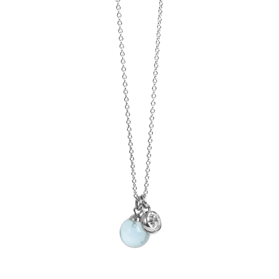 Silver pendant necklace with blue glass bll pendant and crystal silver encased pendant