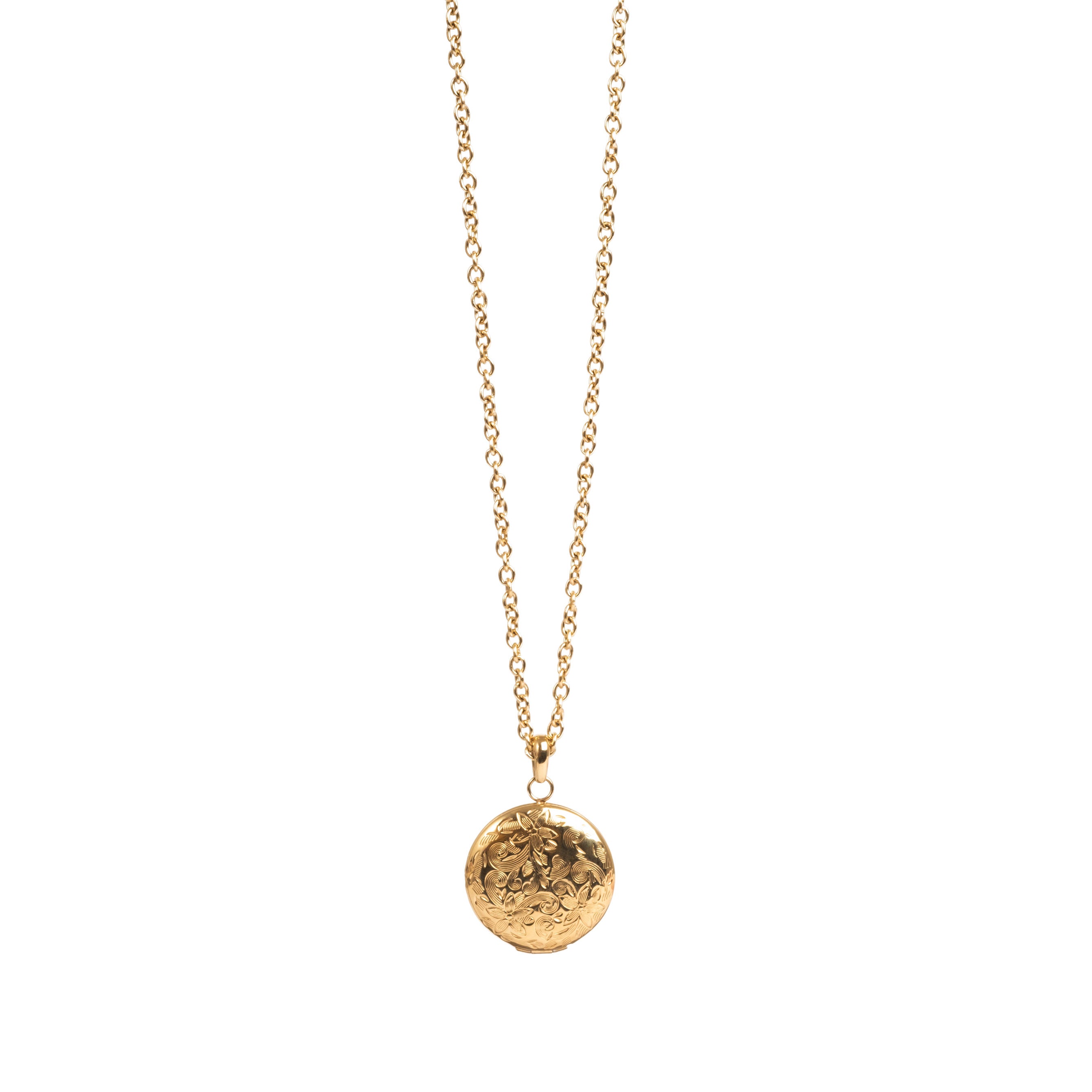 Gold engraved round locket pendant on long chain
