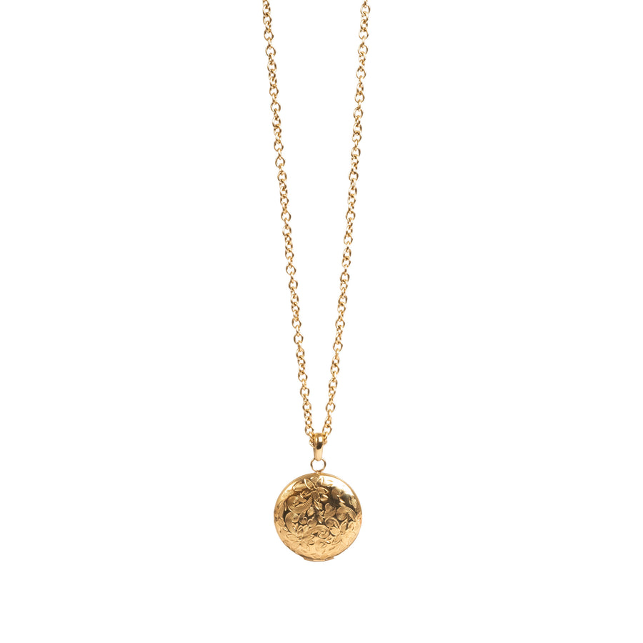 Gold engraved round locket pendant on long chain