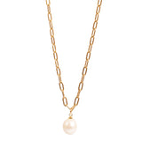 Gold chain necklace with a pearl pendant on a white background